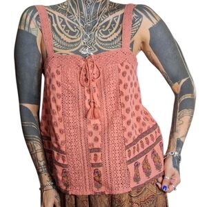 NEW Hollister Lace Up Floral Tank Top Womens Small Pink Boho Festival Hippie